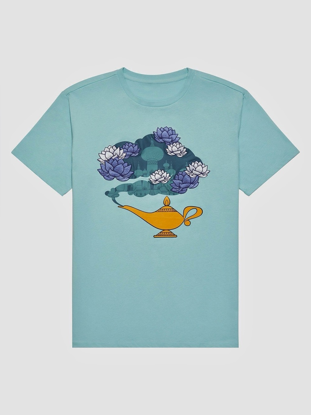 Disney Light Mint Tee with Gold Lamp and Purple Floral Smoke